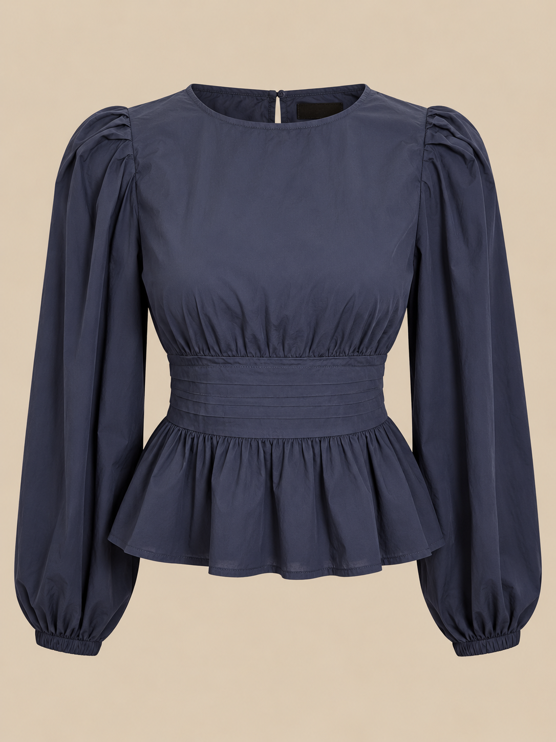 Blusa azul marino con cintura fruncida y volante RYRTEEN, vista de producto