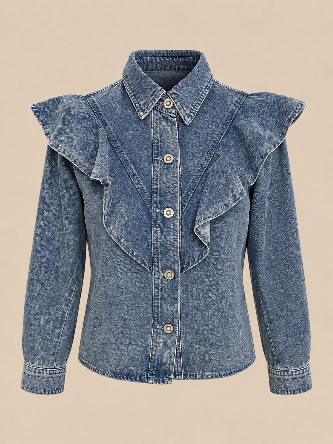 Camisa vaquera azul con volantes RYRTEEN, vista de producto