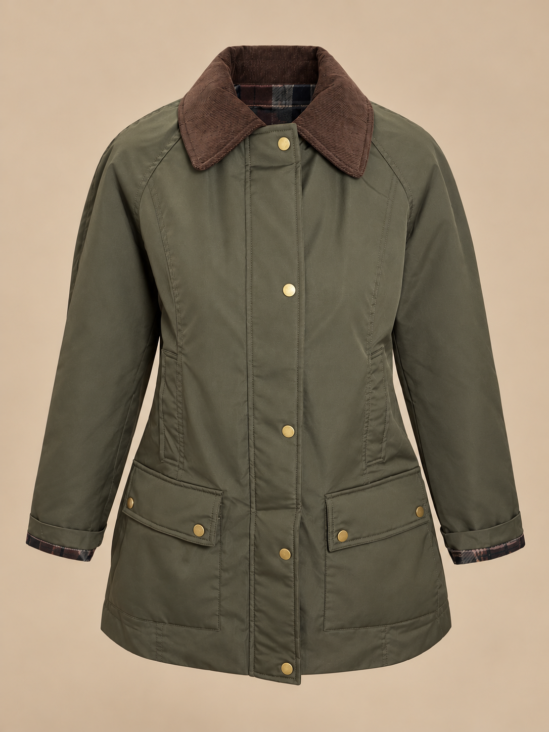 Chaqueta verde oliva de estilo campestre con cuello marrón y botones dorados, vista del producto