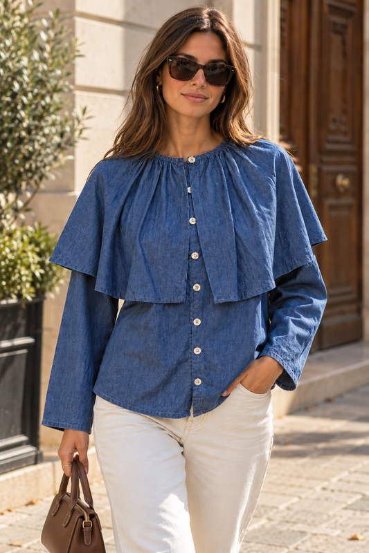 Modelo con Blusa Oporto azul denim y amplio volante sobre los hombros