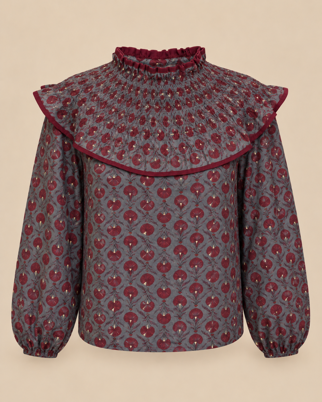 Blusa gris azulado con estampado floral burdeos RYRTEEN, vista de producto