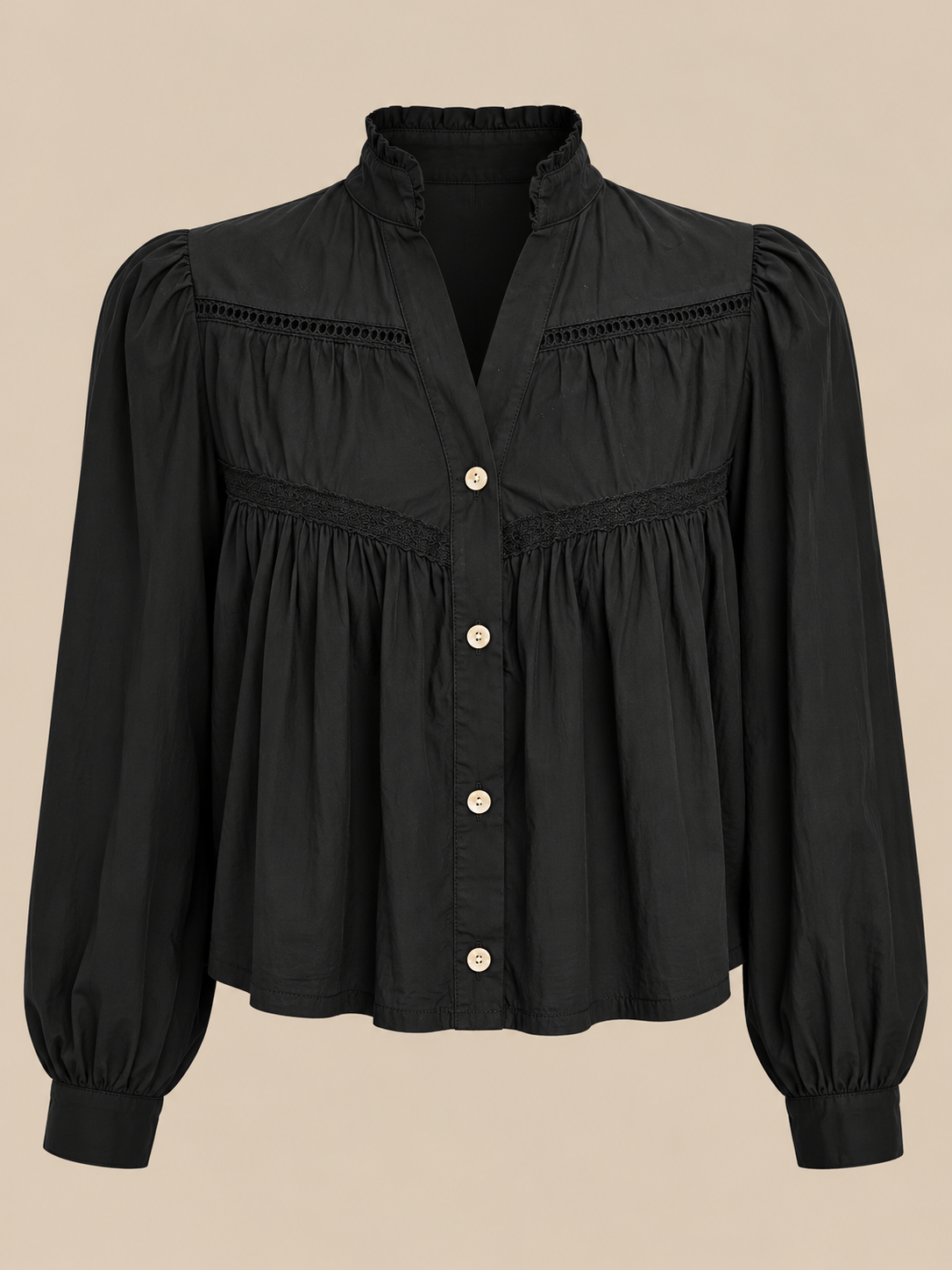 Blusa negra con encaje y detalles fruncidos RYRTEEN, vista de producto
