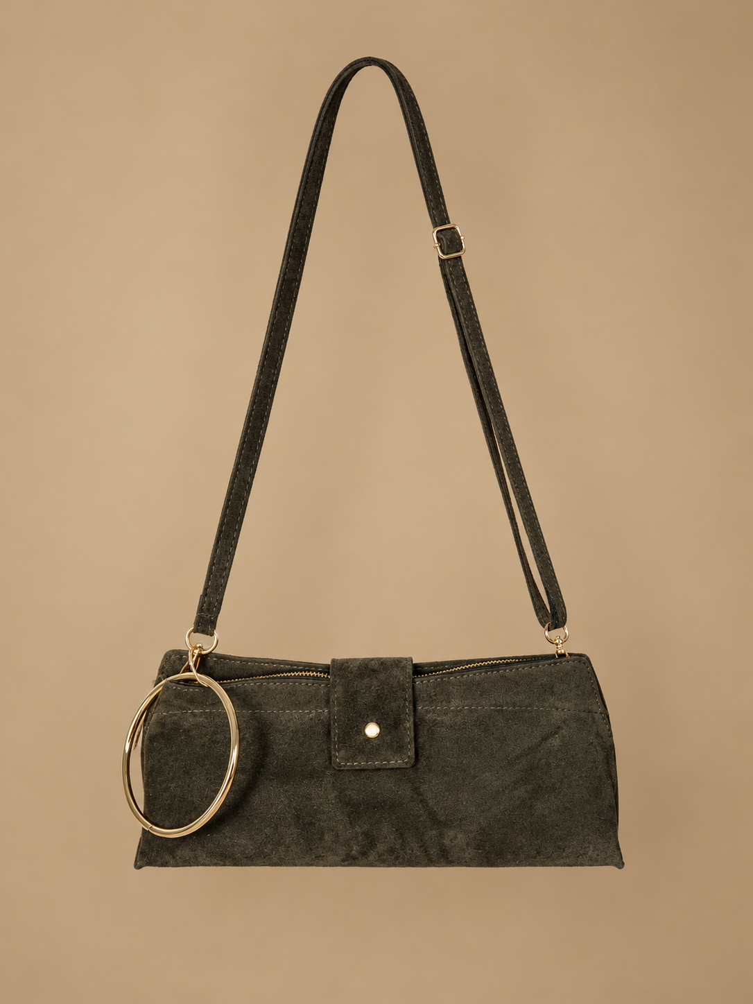 Bolso bandolera verde oliva efecto ante con correa regulable y detalles dorados