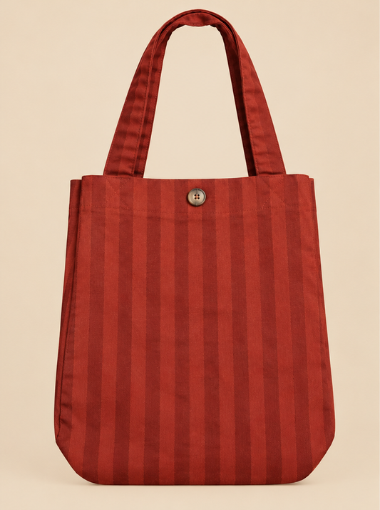 Bolso Lisboa tipo shopper color teja con rayas verticales, dos asas largas y detalle de botón frontal sobre fondo beige
