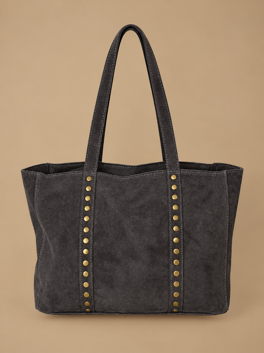 Bolso shopper gris efecto ante con asas largas y tachuelas doradas