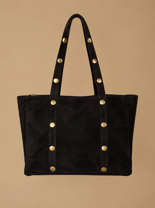 Bolso shopper negro con acabado efecto ante, asas largas y tachuelas doradas