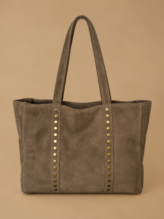 Bolso shopper topo efecto ante con asas largas y tachuelas doradas