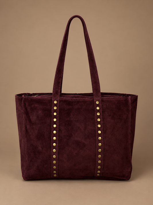 Bolso shopper color vino efecto ante con asas largas y tachuelas doradas