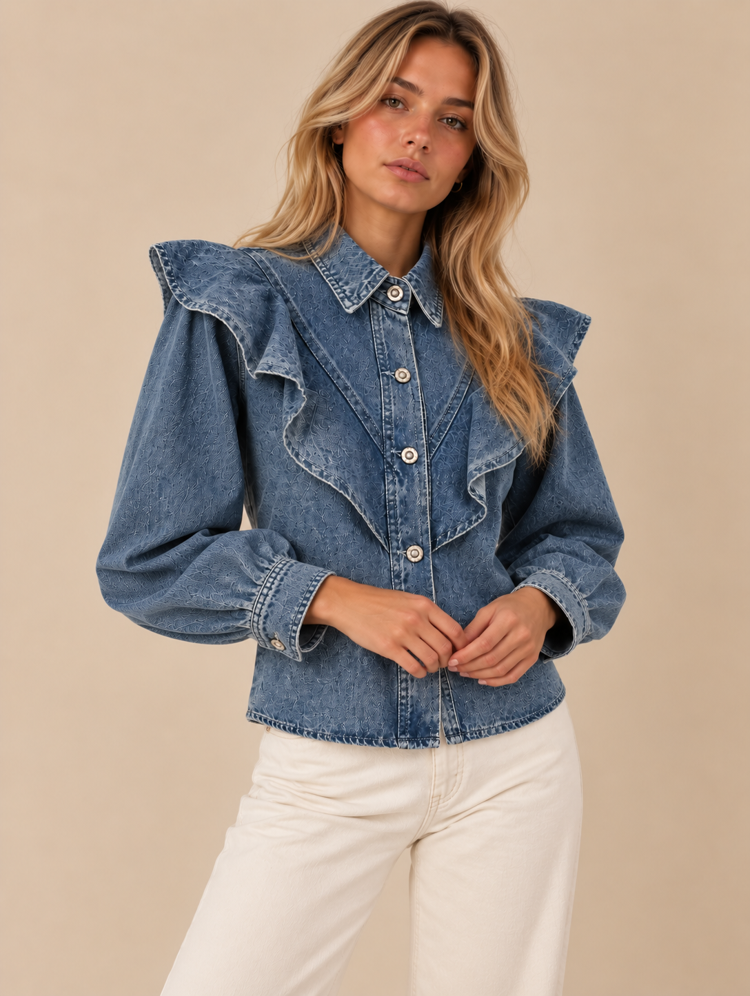 Camisa vaquera azul con volantes RYRTEEN puesta por modelo, segunda pose