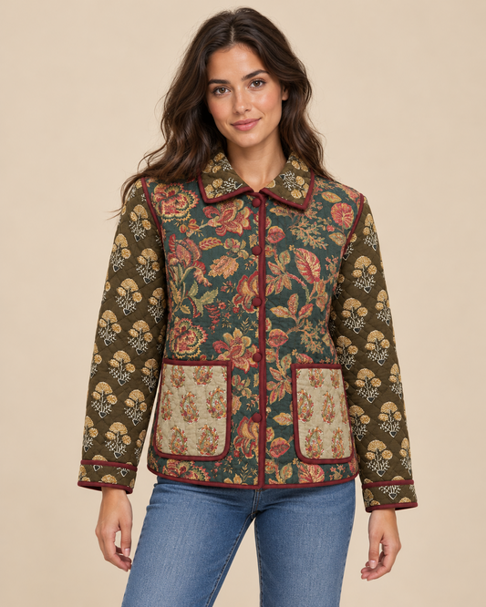 Chaqueta acolchada floral multicolor RYRTEEN puesta por modelo, vista frontal