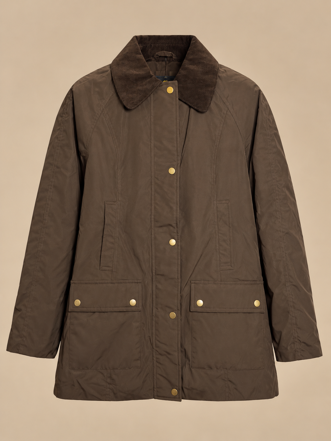 Chaqueta marrón de estilo campestre con cuello de pana y botones dorados, fotografía de producto