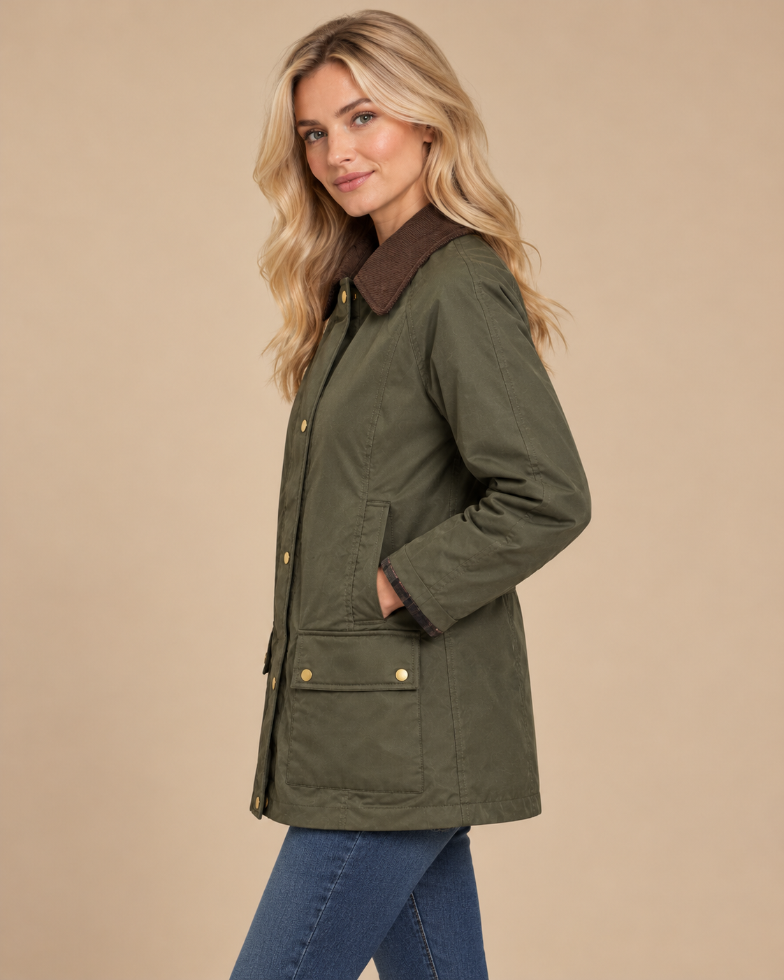 Chaqueta verde oliva con cuello de pana y bolsillos, vista lateral sobre modelo