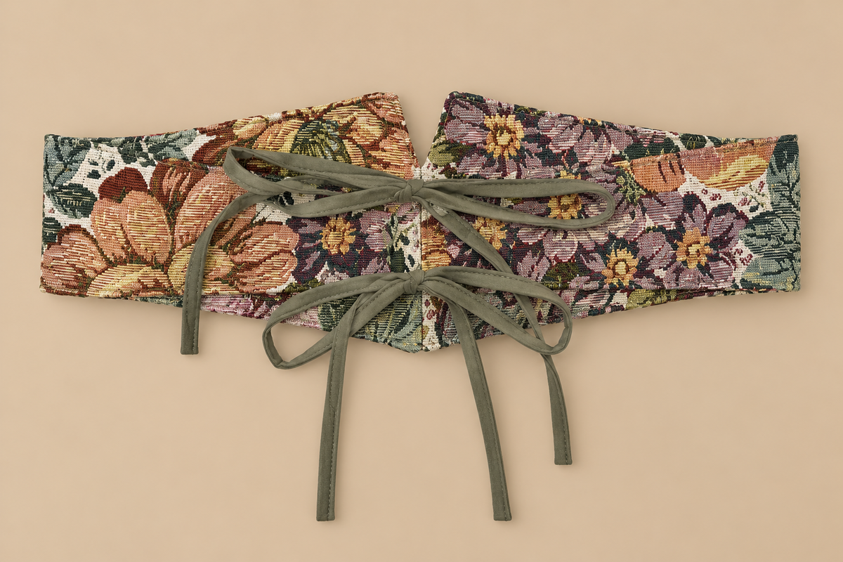 Fajín floral jacquard de fondo claro con lazadas verdes