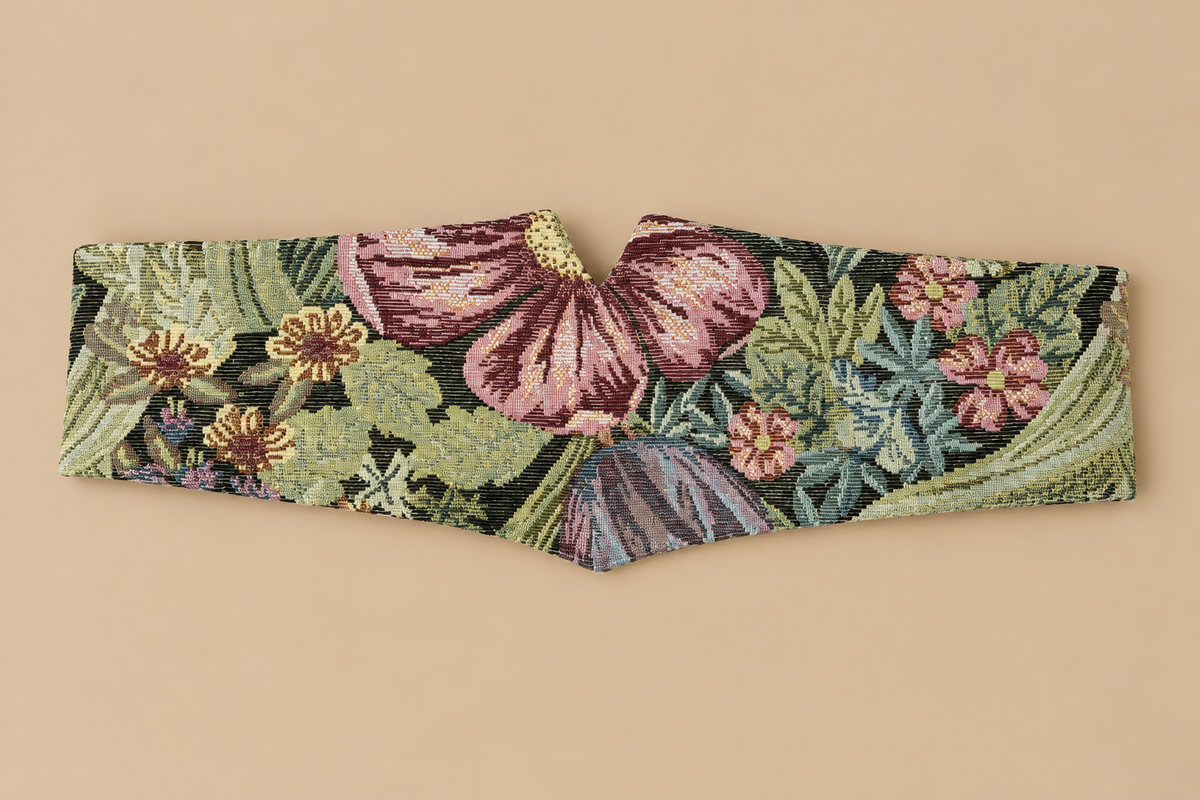 Cinturón fajín floral de jacquard verde y rosa, vista frontal