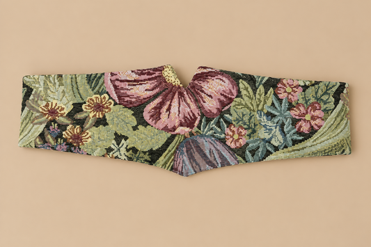 Cinturón fajín floral de jacquard verde y rosa, vista frontal