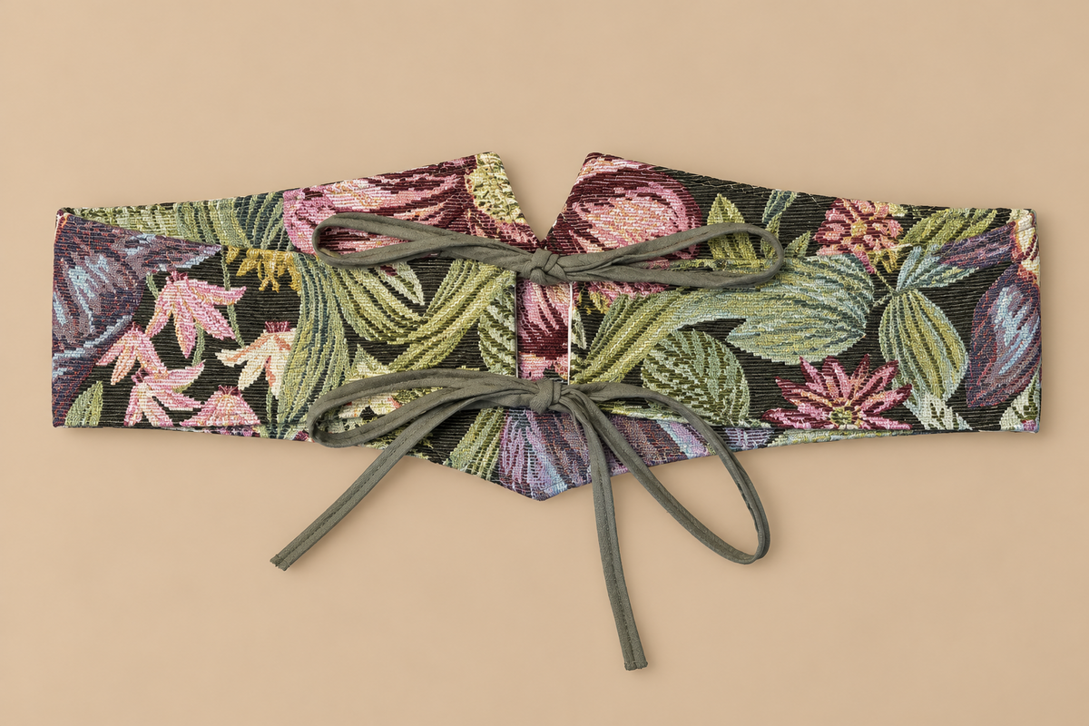 Cinturón fajín floral de jacquard verde y rosa con lazos, vista trasera