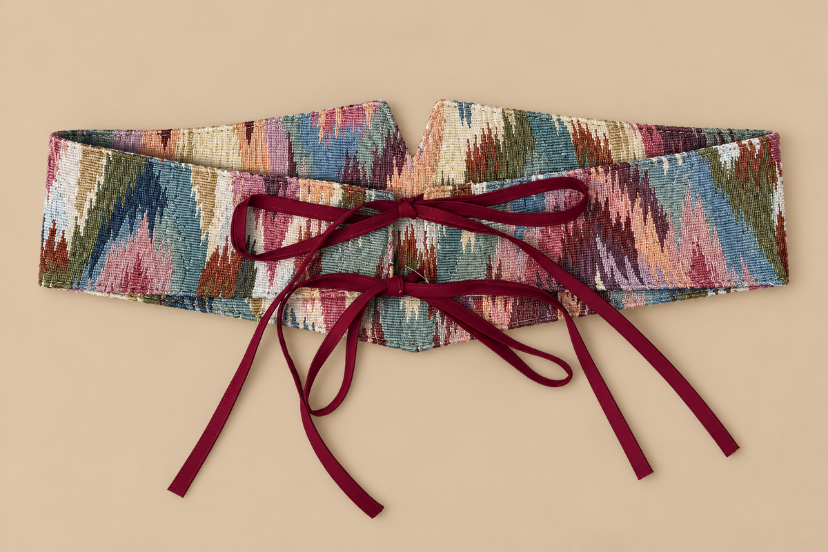 Cinturón fajín jacquard multicolor con lazadas burdeos