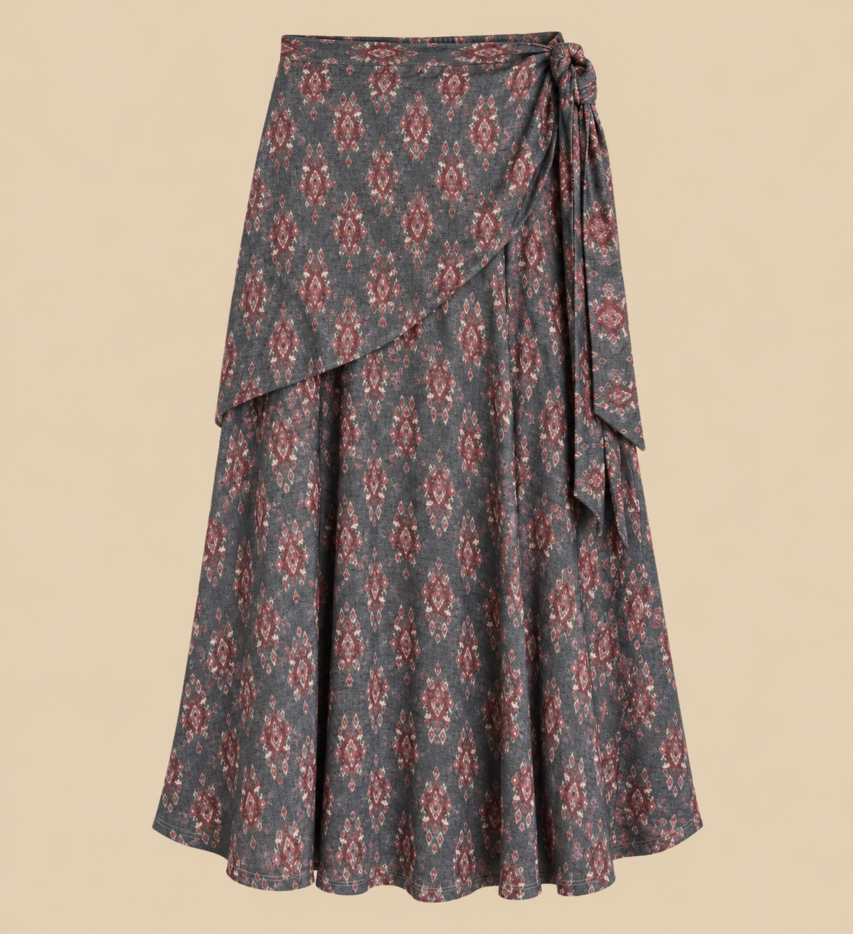 Falda Edimburgo estampada gris y burdeos cruzada y con lazada lateral sobre fondo beige