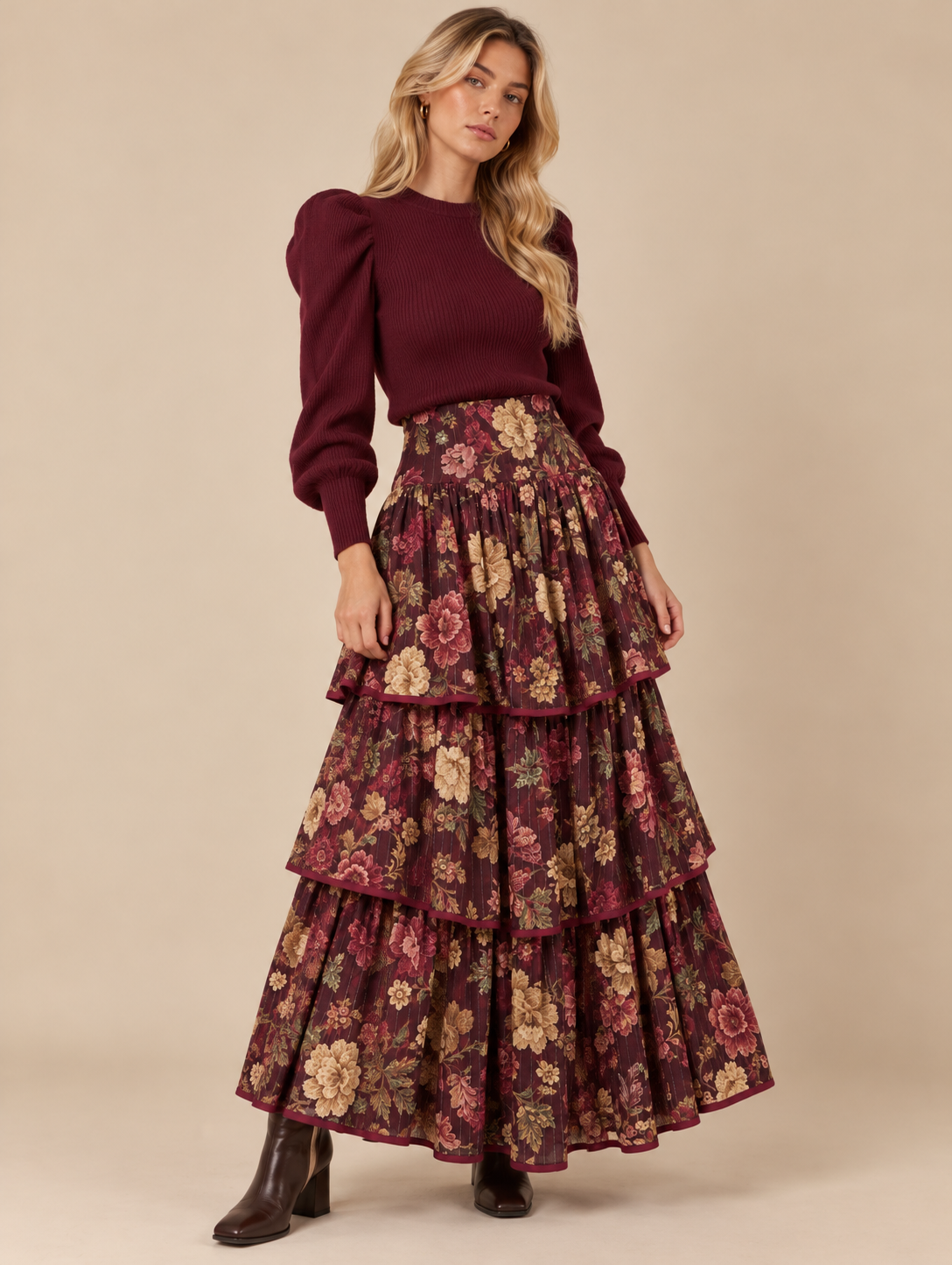 Falda larga floral burdeos de volantes RYRTEEN puesta por modelo, vista frontal