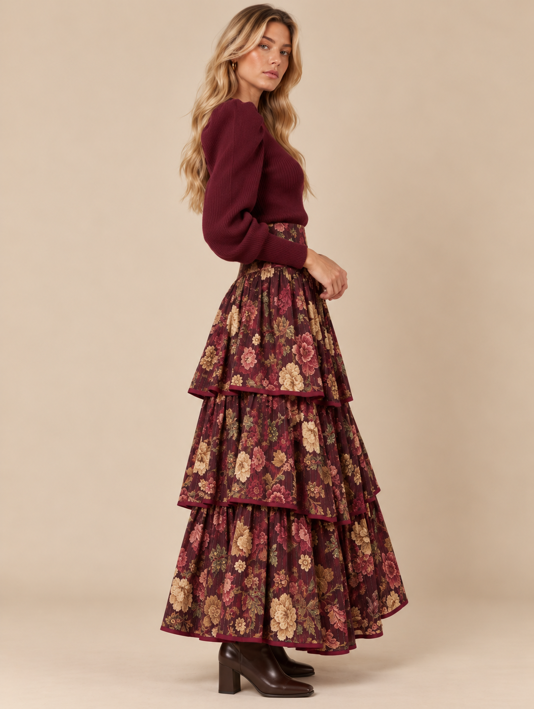 Falda larga floral burdeos de volantes RYRTEEN puesta por modelo, vista lateral