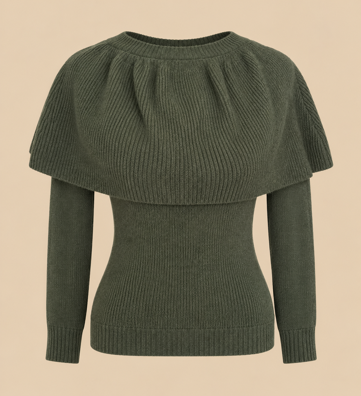 Jersey Estocolmo verde, de punto y capa superpuesta sobre fondo beige