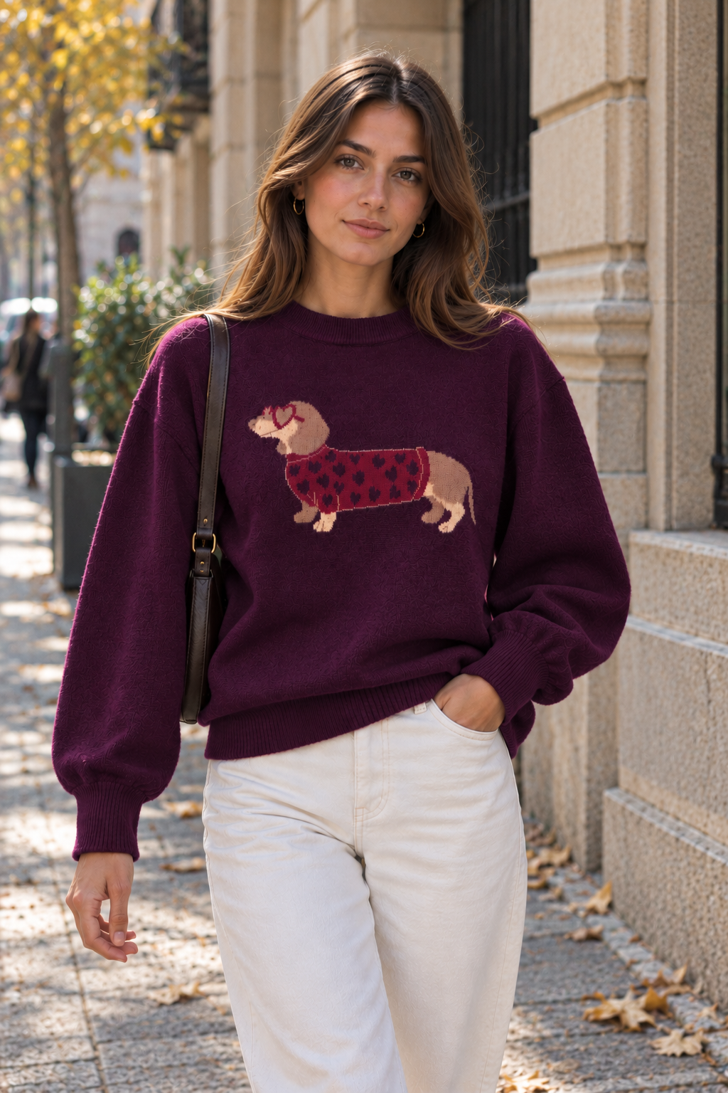 Jersey Viena de punto color burdeos con perro salchicha, puesto en modelo