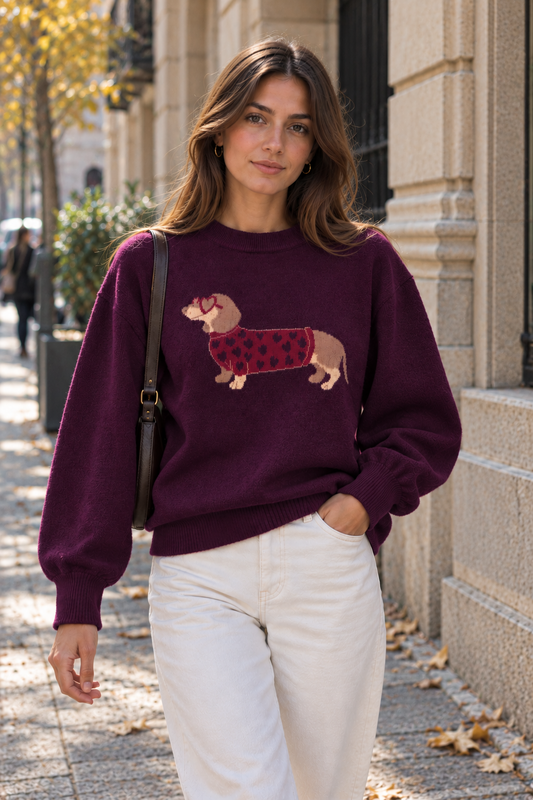 Jersey Viena de punto color burdeos con perro salchicha, puesto en modelo