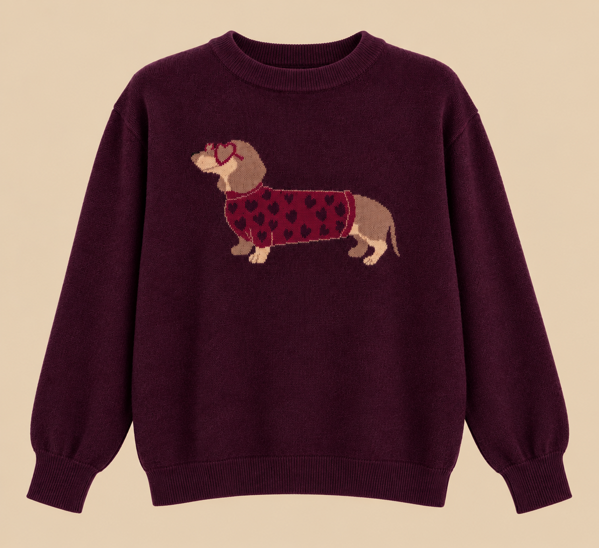 Jersey Viena burdeos con perro salchicha, fotografía de prenda sobre fondo beige