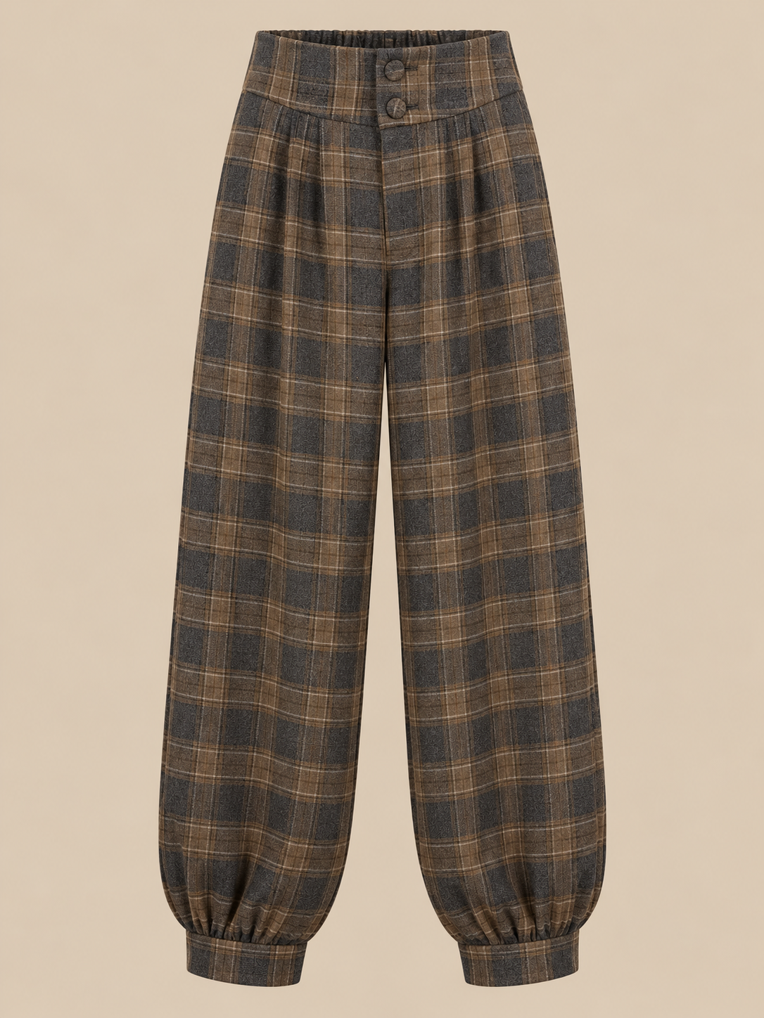 Pantalón de cuadros marrón y gris con doble botón RYRTEEN, vista de producto