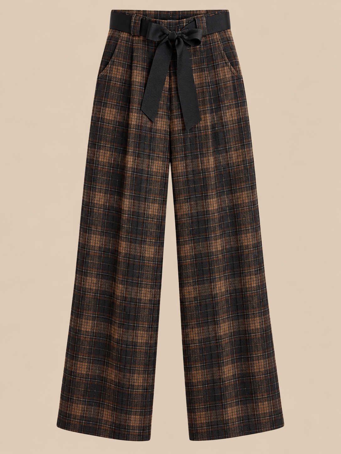 Pantalón de cuadros marrón y negro con lazada RYRTEEN, vista del producto