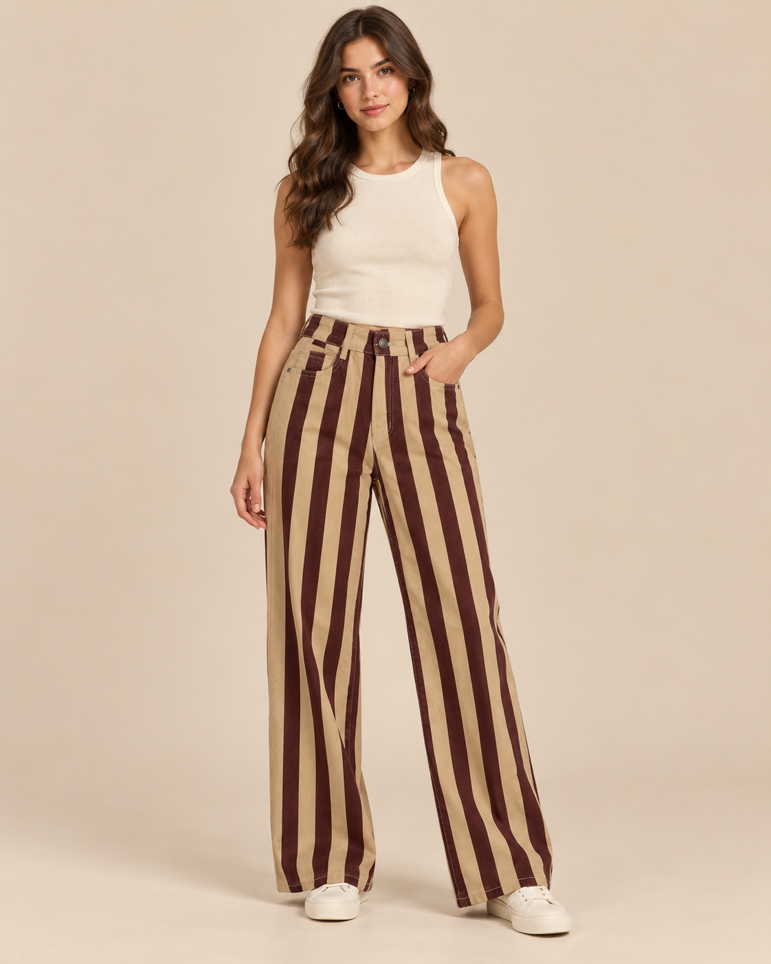 Pantalón de rayas beige y burdeos RYRTEEN puesto por modelo, vista frontal