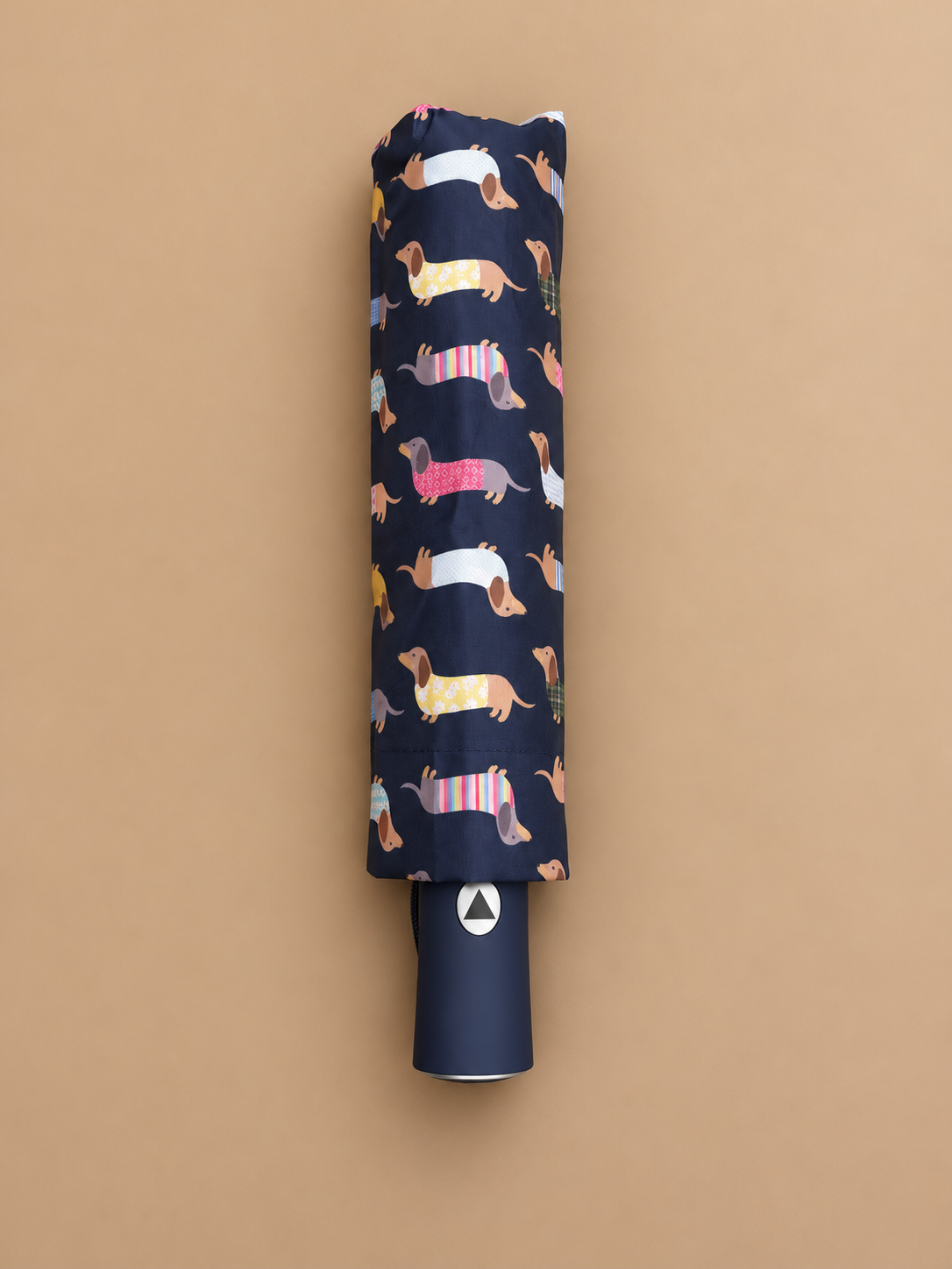 Paraguas plegable con estampado de teckel y funda a juego