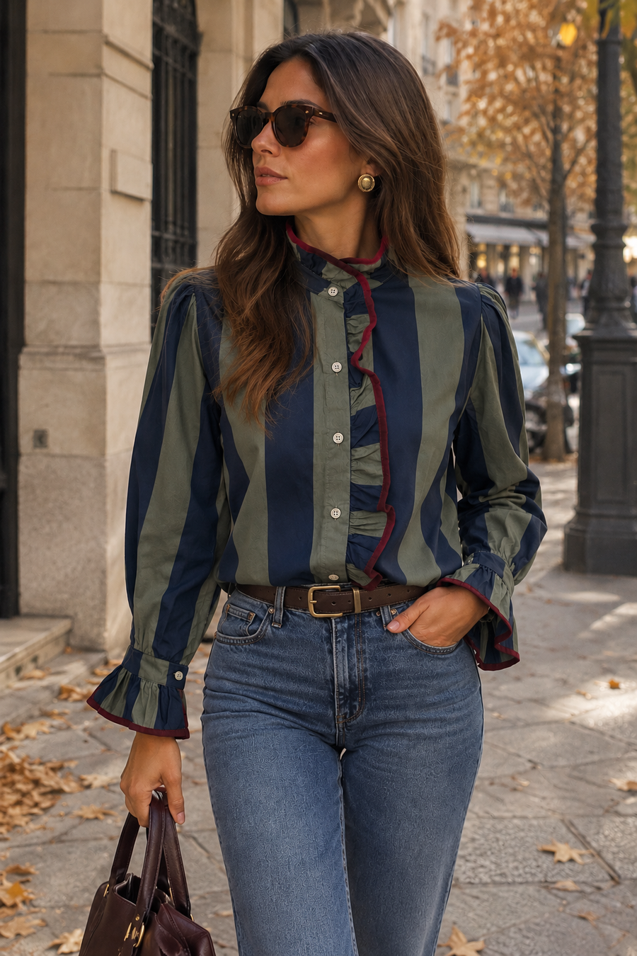 Blusa Livia de rayas azul marino y verde oliva con ribetes burdeos, puesta por modelo