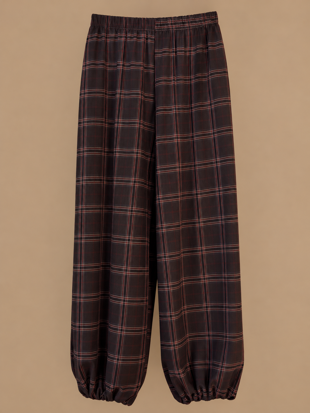 Pantalón Dublin de cuadros marrón oscuro y burdeos con cintura elástica, vista de producto