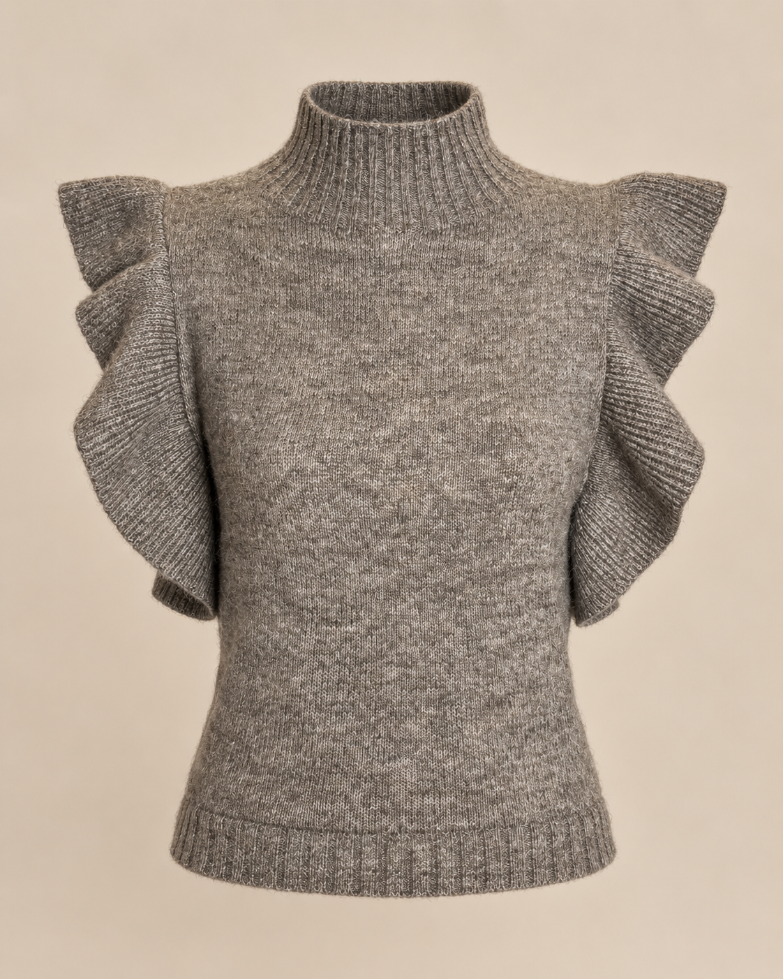 Top de punto gris con volantes RYRTEEN, vista de producto